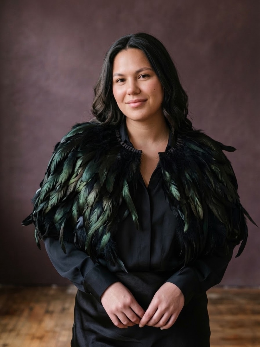 Iridescent Black Green Feather Cape Shawl Bolero Jacket Statement Piece OS